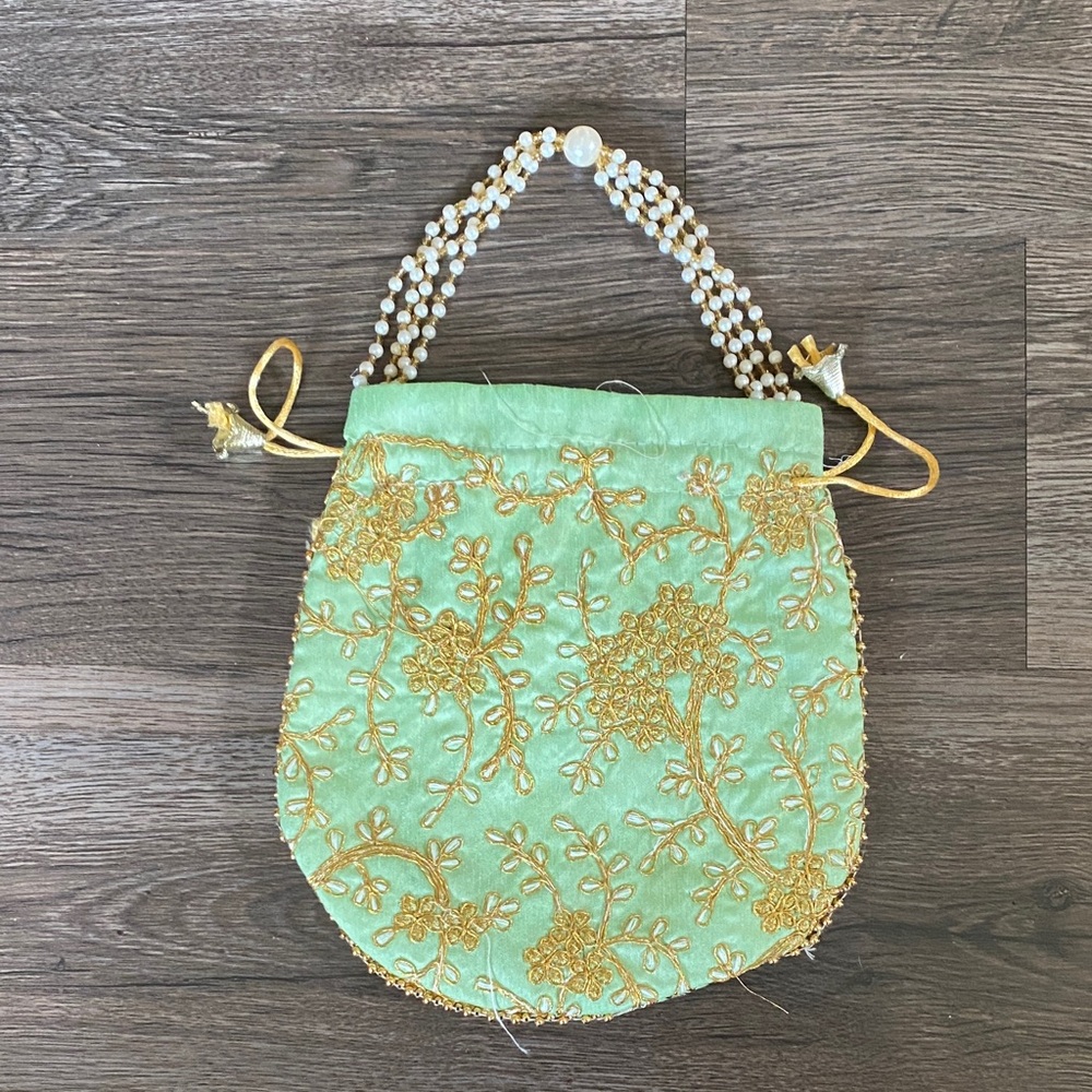 Elegant Mint Green and Gold Embroidered Women's Bag